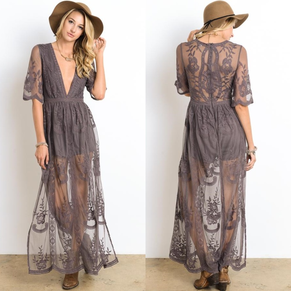 Sheer Embroidered V-Neck Maxi Dress in Taupe
